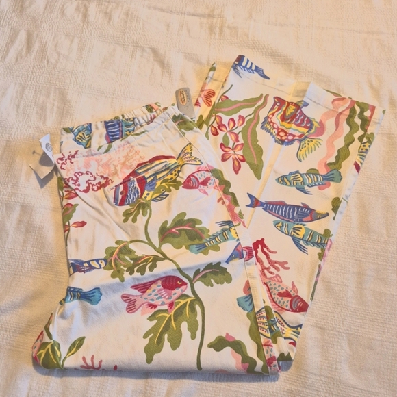 Talbots Petites women's size 16W fish & coral design wide leg pants, twill NWT - Picture 1 of 11